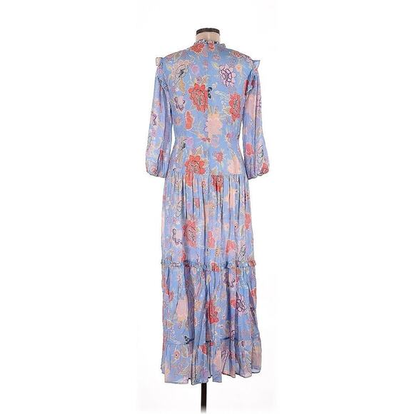 Rixo maxi Floral Baby Blue Pink Peony Monet Mockneck Silk dress S US 6 - Picture 3 of 5